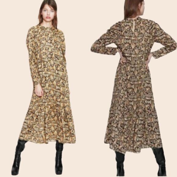 Zara Snakeskin Puff Sleeve Midi Dress Size Small - Picture 1 of 12
